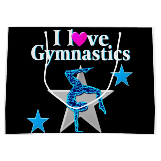 SACOLA PARA PRESENTES GRANDE BONITA DESIGN GINÁSTICA AZUL E PRATA (Frente)