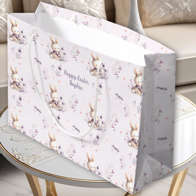 Sacola Para Presentes Grande Bonita Garota Personalizada Nome Páscoa Roxo (Cute Bunny Girl Personalized Name Purple Easter Large Gift Bag)