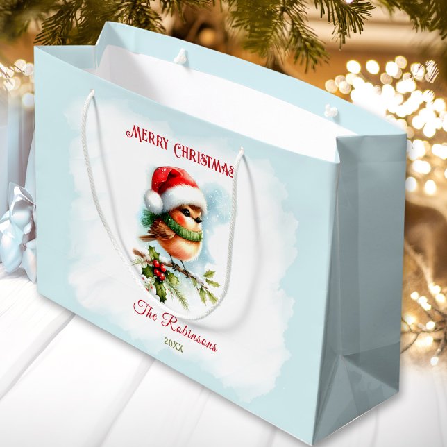 Sacola Para Presentes Grande Bonita Robin no Natal clássico do Chapéu de Santa (Cute Robin In Santa Hat Classic Christmas Large Gift Bag)
