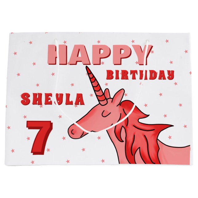 Sacola Para Presentes Grande Bonita Unicórnio Estende Feliz Aniversário da Meni (Frente)