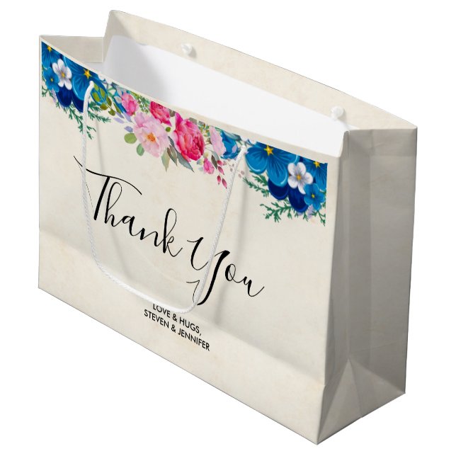 Sacola Para Presentes Grande Bonito borda rosa e azul Flor Obrigado (Frente inclinada)