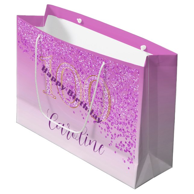 Sacola Para Presentes Grande Bonito Falling Pink Glitter 100th Birthday (Frente inclinada)