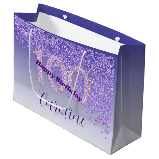 Sacola Para Presentes Grande Bonito Falling Purple Glitter 100th Birthday (Frente inclinada)