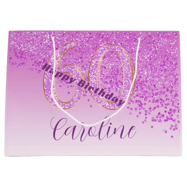 Sacola Para Presentes Grande Bonito queda de brilho rosa 60º aniversário (Frente)