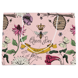 Sacola Para Presentes Grande Bonito Rosa, Abelha Rainha Negra e Dourada, Coroa
