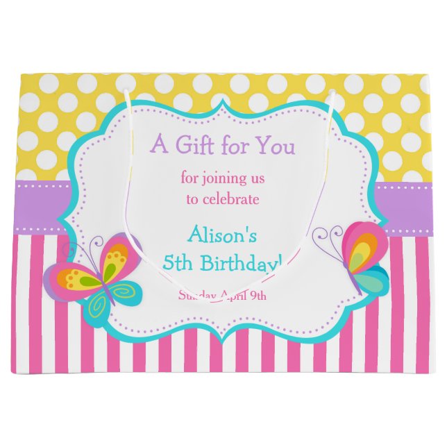 Sacola Para Presentes Grande Borboleta Beijos e Festa de Aniversário Obrigado (Frente)