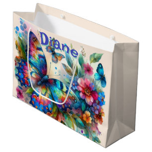 Sacola Para Presentes Grande Borboleta Floral Jardim Personalizado Aquarela