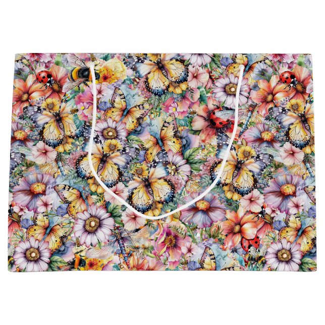 Sacola Para Presentes Grande Borboletas, libélulas, Damybugs e Abelhas (Frente)