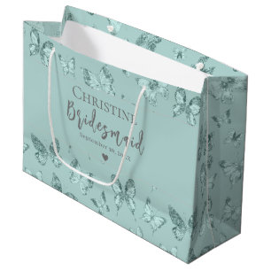 Sacola Para Presentes Grande Borboletas Pastel Verde Menta Luxo Gliterizado