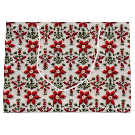 Sacola Para Presentes Grande Bordados Florais Vermelho e Branco