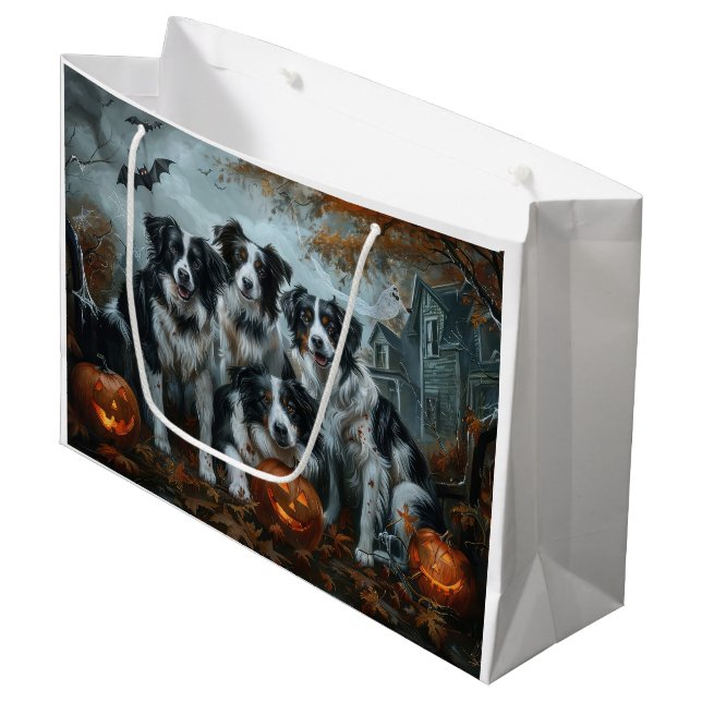Sacola Para Presentes Grande Border Collie Halloween Night Doggy Delight (Frente inclinada)