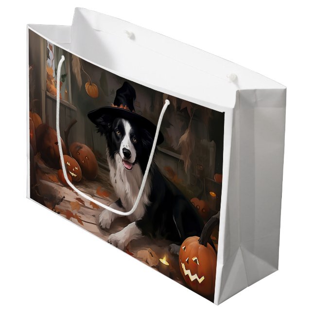 Sacola Para Presentes Grande Border Collie Pumpkins Halloween Assustado (Frente inclinada)