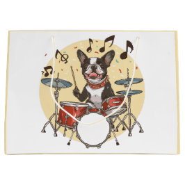 Sacola Para Presentes Grande Boston Terrier Dog Playing Drums