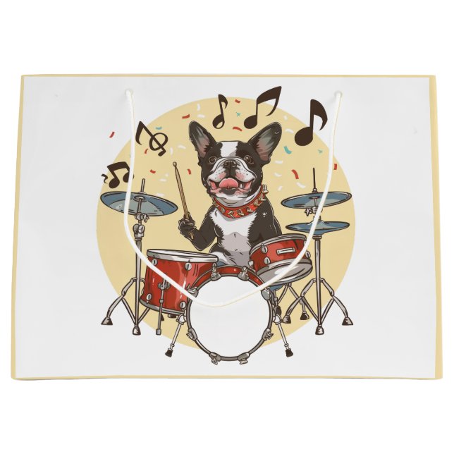 Sacola Para Presentes Grande Boston Terrier Dog Playing Drums (Frente)