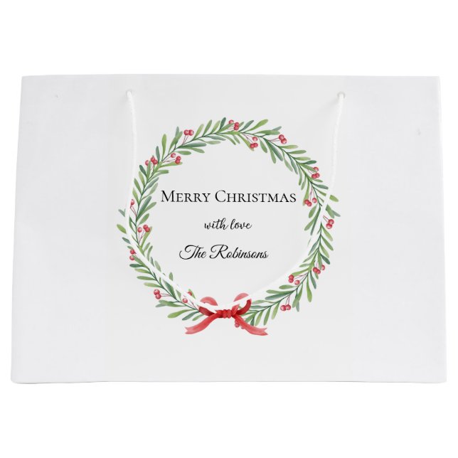 Sacola Para Presentes Grande Botanical Christmas Wreath Modern Script  (Frente)