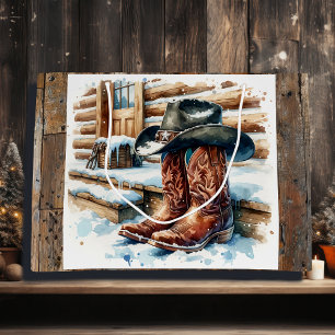 Sacola Para Presentes Grande Botas do Cowboy no Natal da Frente Porch