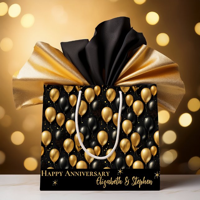 Sacola Para Presentes Grande Branco | Aniversário feliz dos balões Dourados (Elegant Black and Gold Faux Glitter Balloons Pattern A022 "Happy Anniversary" [Names] Large Gift Bag)