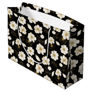 Sacola Para Presentes Grande Branco e Dourado Floral Preto