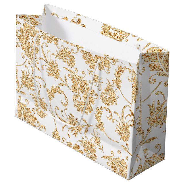 Sacola Para Presentes Grande Branco Floral Elegante Dourado (Frente inclinada)
