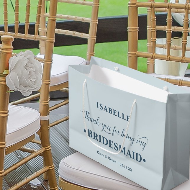 Sacola Para Presentes Grande Bridesmaid Blue Personalizado Obrigado (Dusty Blue Wedding Thank You Gift Bag for Bridesmaid)