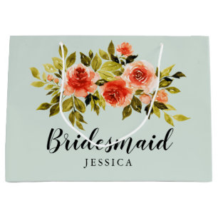 Sacola Para Presentes Grande Bridesmaid Floral de Cor Verde Verde Elegante