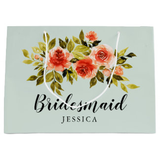 Sacola Para Presentes Grande Bridesmaid Floral de Cor Verde Verde Elegante
