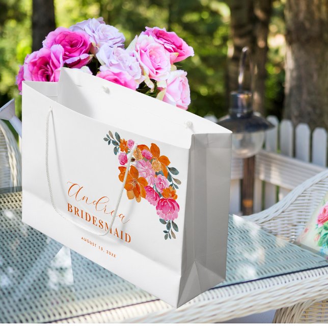 Sacola Para Presentes Grande Bridesmaid Floral Vibrante Laranja Brilhante (Criador carregado)
