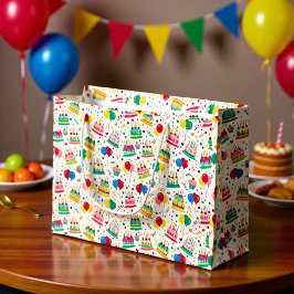 Sacola Para Presentes Grande Bright Birthday Cakes and Balloons Wrapping Paper