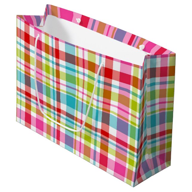 Sacola Para Presentes Grande Bright Rainbow Plaid Checkered Pattern (Frente inclinada)