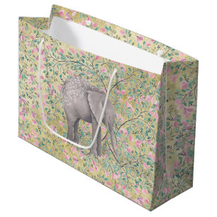 Sacola Para Presentes Grande Brilho Dourado das flores do elefante da aguarela