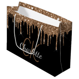 Sacola Para Presentes Grande Brilho dourado preto goteja nome monograma script