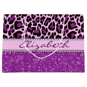 Sacola Para Presentes Grande Brilho roxo personalizado do impressão do leopard