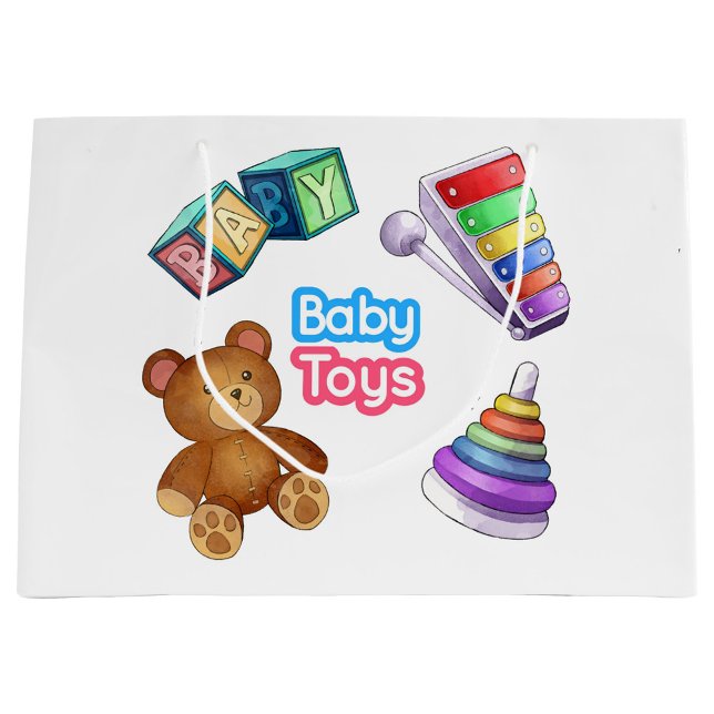 Sacola Para Presentes Grande Brinquedos bebês ( Illustrations of baby toys, including a teddy bear, 
a xylophone and stacking rings!)