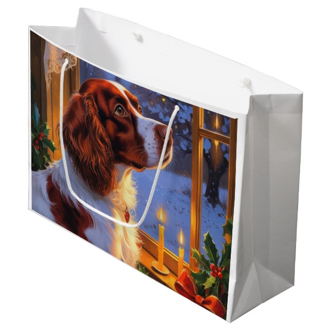 Sacola Para Presentes Grande Brittany Spaniel com Luzes de Natal Feriado  (Frente inclinada)