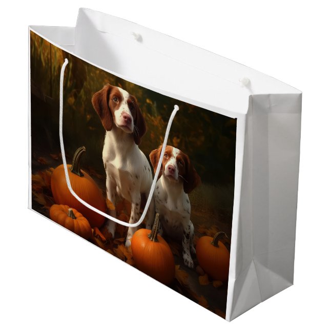 Sacola Para Presentes Grande Brittany Spaniel Puppy Autumn Delight Pumpkin (Frente inclinada)