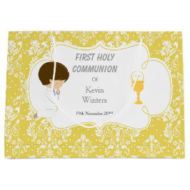 Sacola Para Presentes Grande Brunette Boy Dourado Damask de Primeira Comunhão