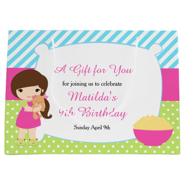 Sacola Para Presentes Grande Brunette Girl Sleepover Sumber Party Aniversário (Frente)