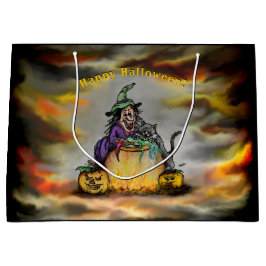 Sacola Para Presentes Grande Bruxa e Gato Negro, Feliz Halloween!