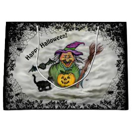 Sacola Para Presentes Grande Bruxa, Gato, Bat e Pumpkin, Feliz Halloween!