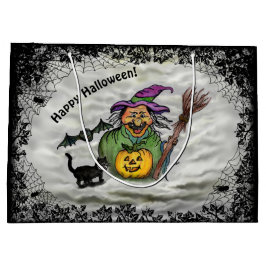 Sacola Para Presentes Grande Bruxa, Gato, Bat e Pumpkin, Feliz Halloween!