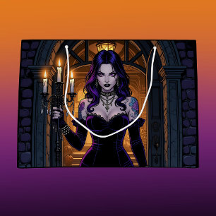 Sacola Para Presentes Grande Bruxa Negra e Roxa com o Halloween Candelabra