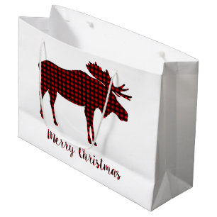 Sacola Para Presentes Grande Buffalo Xadrez Reindeer Feliz Tipografia de Natal
