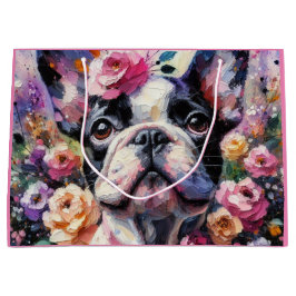 Sacola Para Presentes Grande Buldogue francês com pintura impressionista Rosa