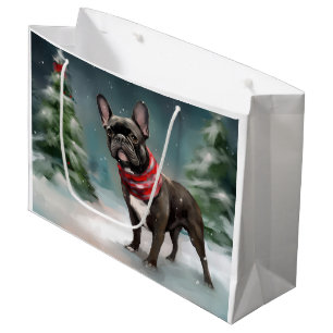 Sacola Para Presentes Grande Buldogue francês no Natal da neve