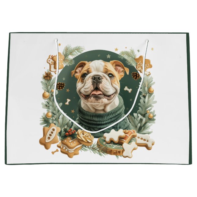 Sacola Para Presentes Grande Buldogue Inglês de Natal (Frente)