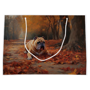 Sacola Para Presentes Grande Buldogue no outono Folhas Caindo Inspire