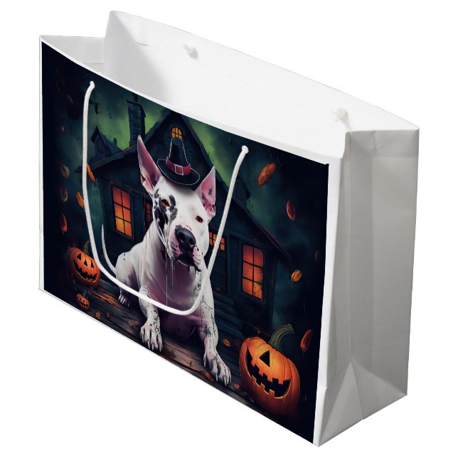Sacola Para Presentes Grande Bull Terrier Pumpkins Halloween Scary (Frente inclinada)