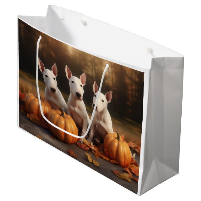 Sacola Para Presentes Grande Bull Terrier Puppy Autumn Delight Pumpkin (Frente inclinada)