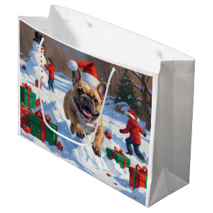 Sacola Para Presentes Grande Bulldog Francês Correndo na Neve com Chapéu de Nat