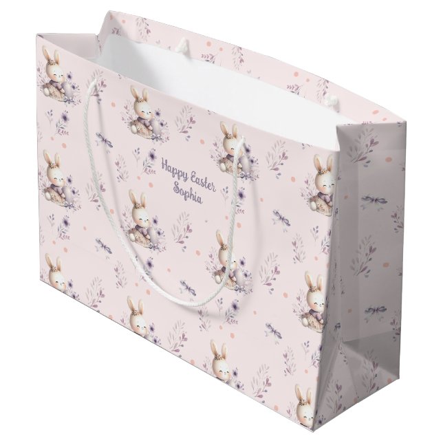 Sacola Para Presentes Grande Bunny Girl Personated Name Rosa Purple Páscoa (Verso inclinado)